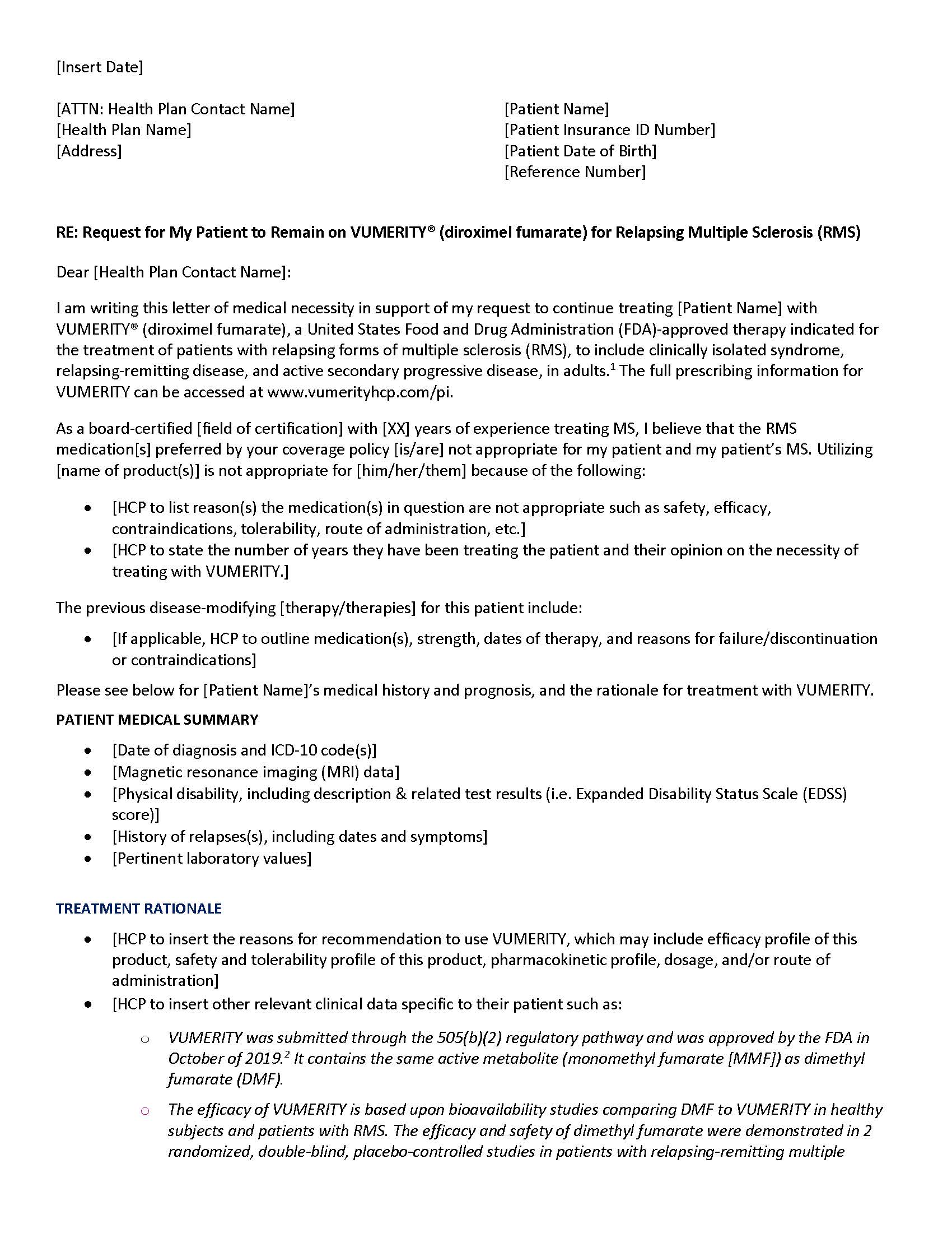 Sample Letter of Medical Necessity for a Patient to Remain on a Treatment