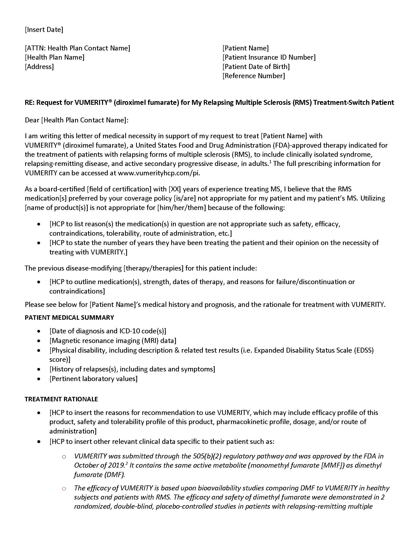 Sample Letter of Medical Necessity for a Patient Switching Treatment